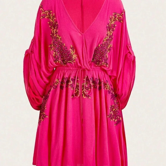 Hot Pink Boho Women's Deep V-Neck Floral Embroidered Batwing Sleeve Dress - Picture 11 of 12